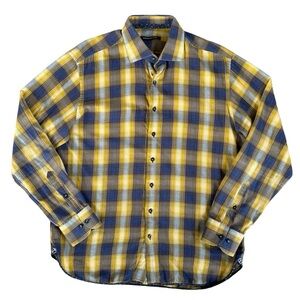 Hammer Made Plaid Flip Cuff Cotton Button Down Shirt Men 42 / 16.5 Yellow / Blue